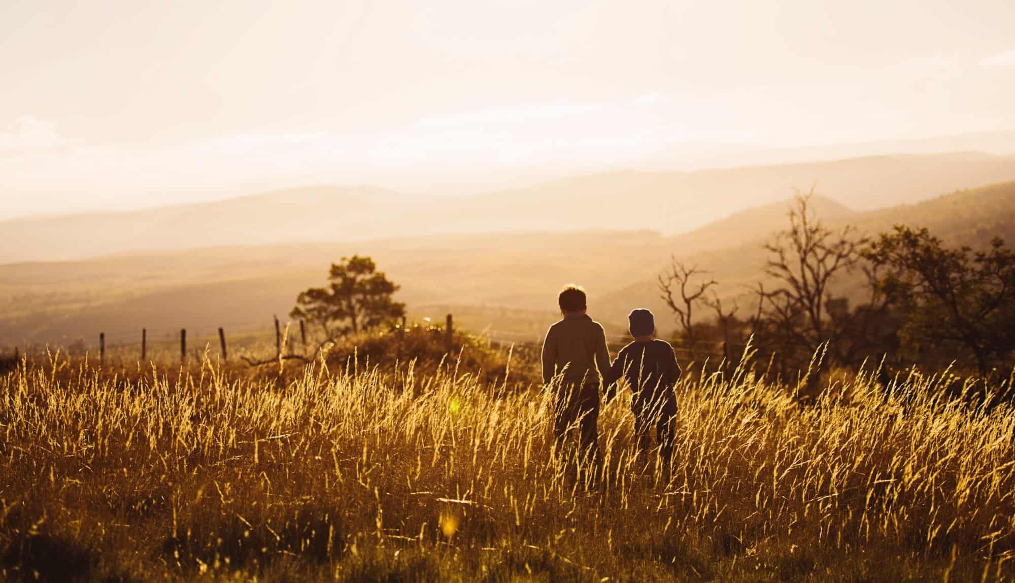 Zwei Kinder laufen Hand in Hand durch ein Feld in der Abendsonne