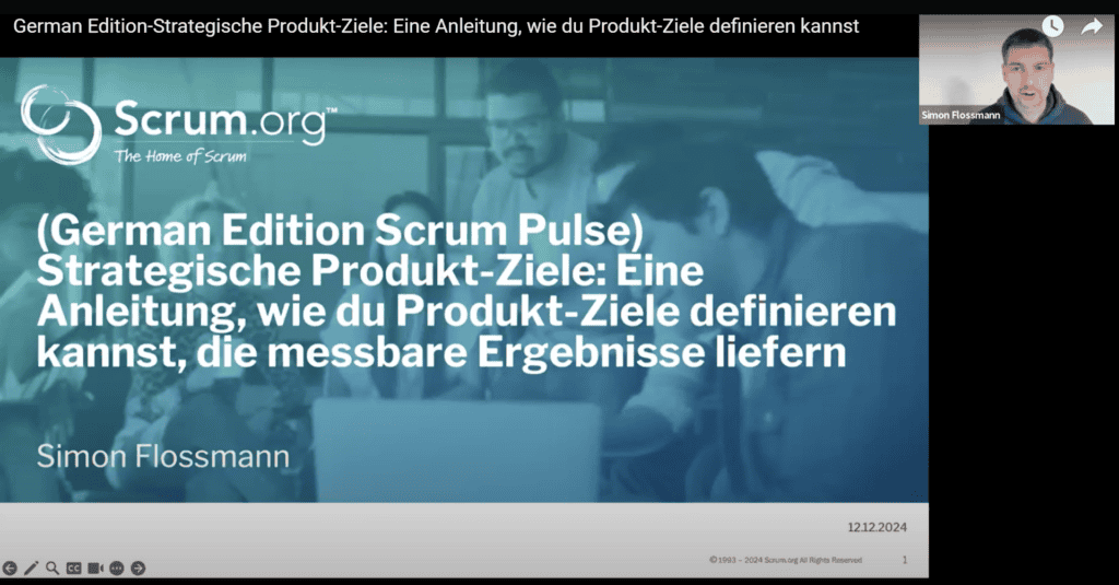 Startbildschirm des Webinars "Strategische Produktziele in Scrum" von Simon Flossmann